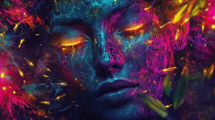 Surreal ethereal portrait in bold neon colors featuring glowing fireflies. Generative
