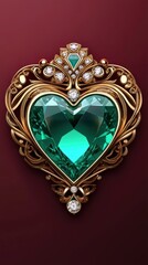 Heart-shaped emerald gemstone in ornate gold setting with diamonds on a deep red background, AI