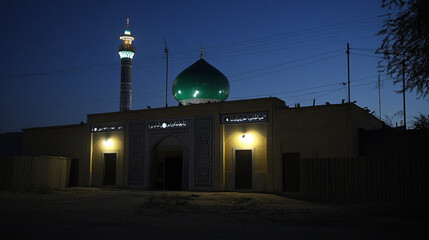 A mosque at night, featuring a green dome and a tall minaret, illuminated softly.