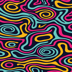 Abstract background pattern with colorful waves. Psychedelic groovy trippy y2k retro seamless pattern in blue and pink colors. Wavy and swirled brush strokes liquid background for packaging design
