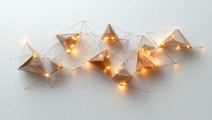 Illuminated geometric shapes interconnected, forming a network on a white background.