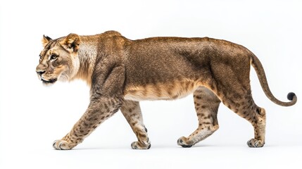 Obraz premium Female lion walking, side profile, white background.