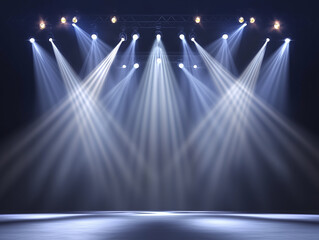 Bright lights illuminate an empty stage in a performance venue for an upcoming show or concert...