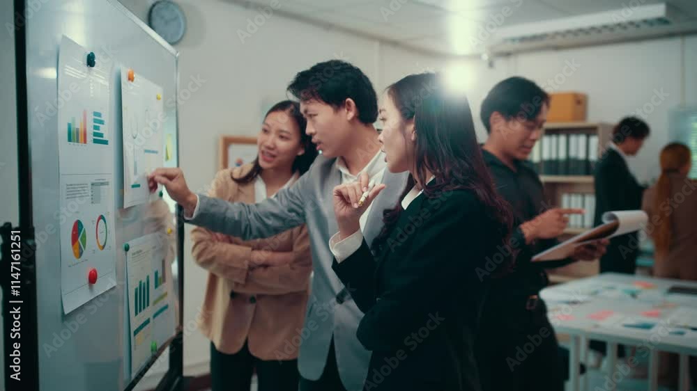 Poster Experienced corporate team collaborating during strategic meeting, analyzing performance charts and graphs on whiteboard while sharing innovative business insights