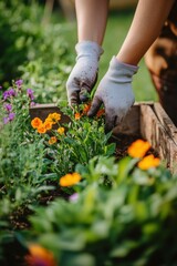 Obraz premium Planting flowers in a garden bed. AI.