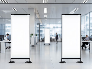 Modern office interior with blank display boards and busy professionals engaged in work activities during the day
