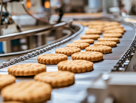 Freshly baked cookies on a conveyor belt in a modern bakery facility in the afternoon