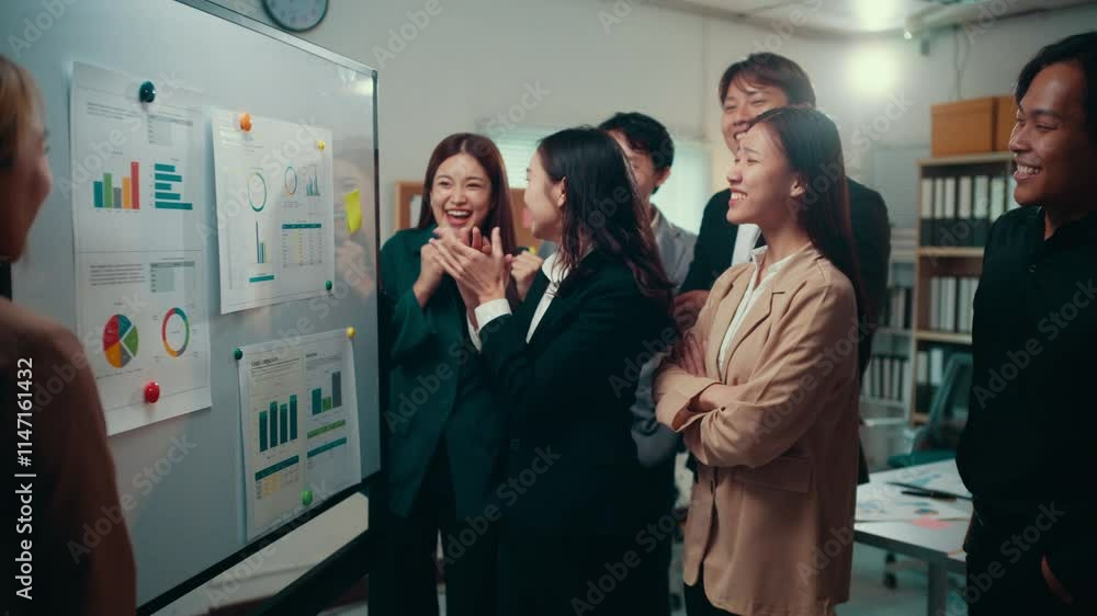 Aufkleber enthusiastic business team celebrates successful presentation, clapping and cheering, showing strong