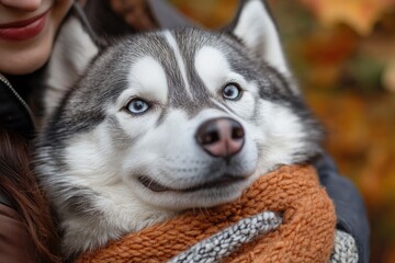 Obraz premium Woman embracing a siberian husky dog wrapped in a knitted scarf in autumn