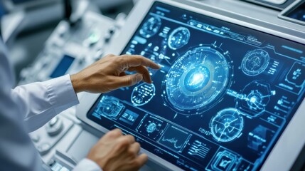 Hands interacting with a digital interface. AI.