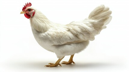 Fototapeta premium A side view of a white chicken with a fluffy body and vibrant red comb.