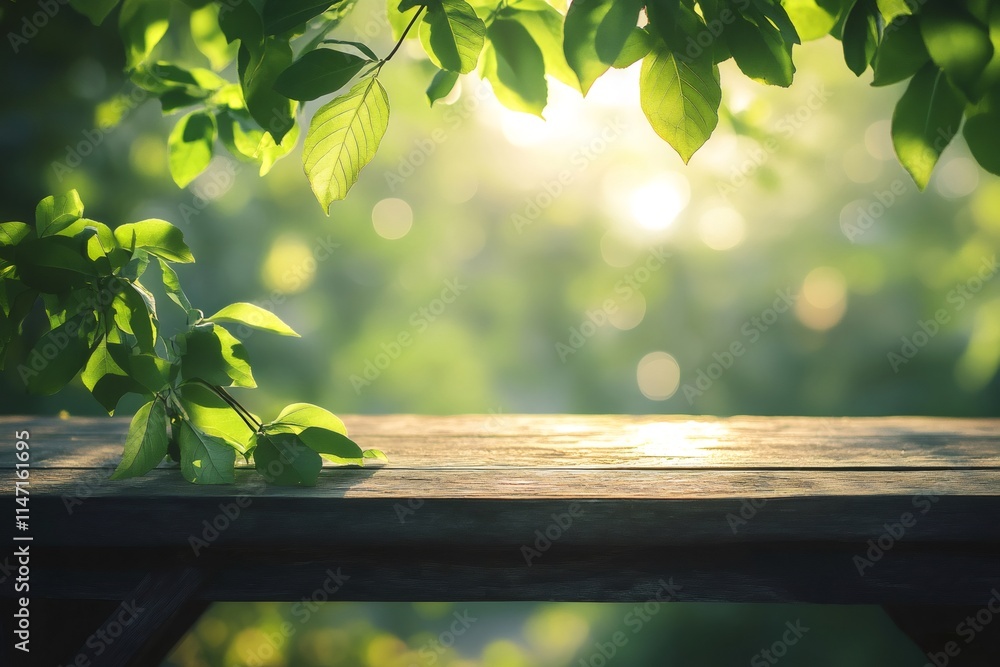 Aufkleber empty wooden table with green leaves and bokeh lights background for product placement