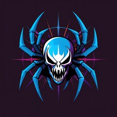 Obraz premium Cyberpunk Spider Skull: A digital illustration of a skull with spider-like legs, in vibrant blue and purple hues, against a dark background. A striking piece of digital art.