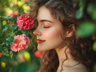 Naklejka premium Woman with curly hair surrounded by roses. AI.