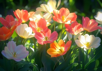 Fototapeta premium Sunlit orange and white tulips in a garden.