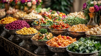 Obraz premium Catering food table decorated with silver dishes and flowers displaying delicious dishes