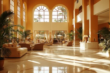 Luxurious hotel lobby, spacious and bright interior design