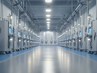 Rows of industrial machinery in a clean facility. AI.