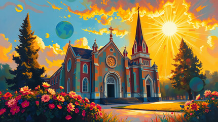 Fototapeta premium illustration of church with flowers in watercolor style
