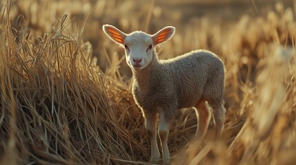 Fototapeta premium a lamb standing in a patch of dry, bent golden grass. In the left foreground, Christian concept