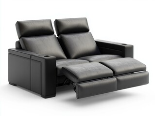 Luxurious black leather recliner sofa. AI.
