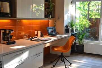 Modern home office setup with orange accents and garden view