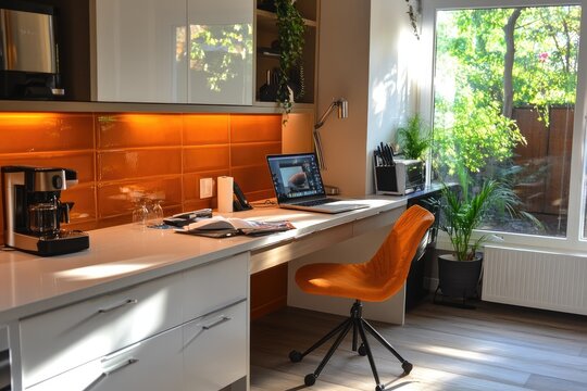 Modern home office setup with orange accents and garden view