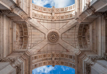 The ceiling of the Rua Augusta Arch, a stone, memorial arch-like historical building and visitor attraction on the Praça do Comércio, in Baixa district, Lisbon, Portugal