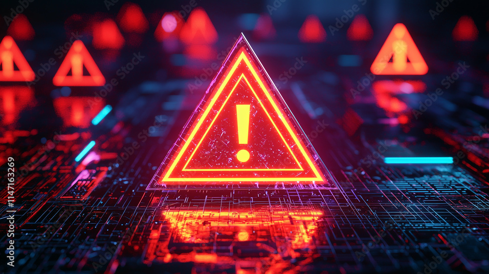 Aufkleber a glowing red warning triangle with an exclamation mark sits on a circuit board, surrounded by simil