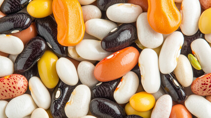 Composition with variety of legumes on white background, top view
