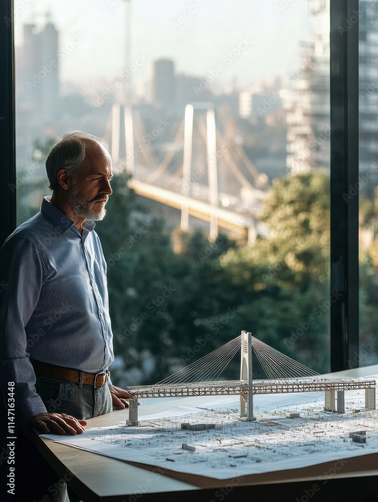 Poster civil engineer examines bridge model with skyline backdrop during urban planning session. generative