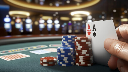 casino, gambling, entertainment and people concept - close up of casino chips on table
