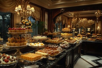 Fototapeta premium Luxurious dessert buffet displaying variety of pastries and cakes