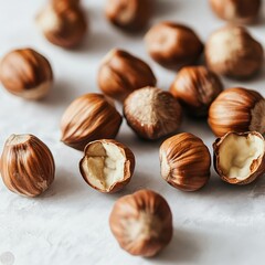 Fototapeta premium Scattered hazelnuts, some cracked open, revealing creamy interior, on a light surface.