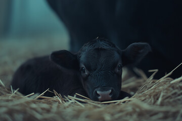 Neugeborenes Kalb ruht im Stroh


