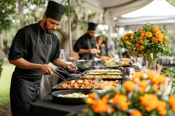 Chef serving food at outdoor buffet with flower decorations