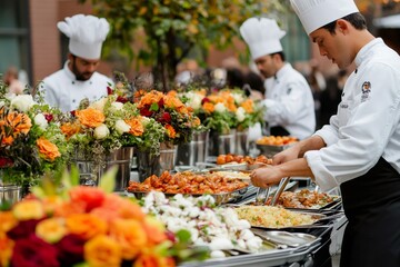 Chefs serving food at a banquet with flower arrangements
