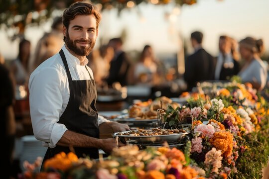 Smiling caterer holding tray of food at outdoor wedding reception