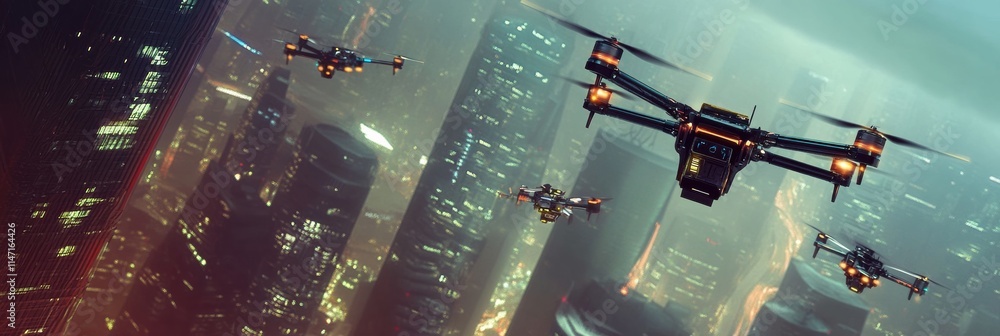 Poster automated drones navigate urban landscape while delivering goods and monitoring activity at dusk. ge