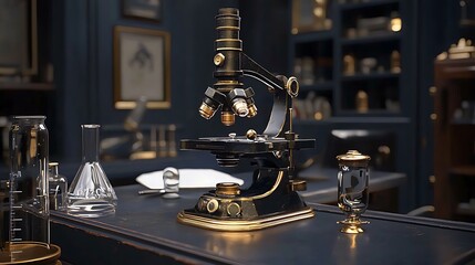 Antique brass microscope on dark wood desk in study.