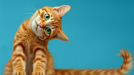 Obraz premium An adorable orange tabby kitten tilts its head with wide curious eyes against a vibrant blue background. Perfect for pet-related marketing, social media, and children's products, copy space, blank
