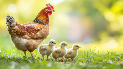 Fototapeta premium Soft-focus image of a mother hen with her fluffy chicks walking across clean, green grass, symbolizing natural growth and poultry health. 