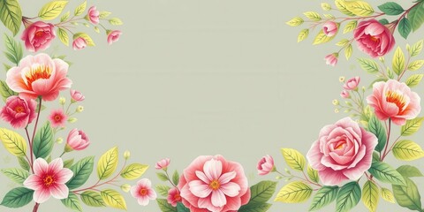 Fototapeta premium A beautiful frame made up of delicate rose flowers and leaves, natural, floral design, flower