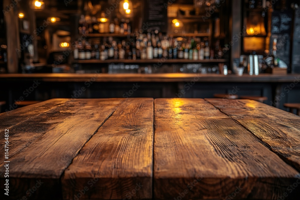 Poster empty wooden table in front of blurred bar counter with alcohol bottles displayed on shelves