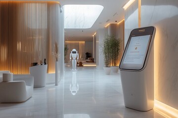 Modern hotel lobby with robot and information kiosk.