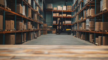 working in a warehouse with high racks and a forklift. Layout with place for text, for advertising. warehouse in the background.
