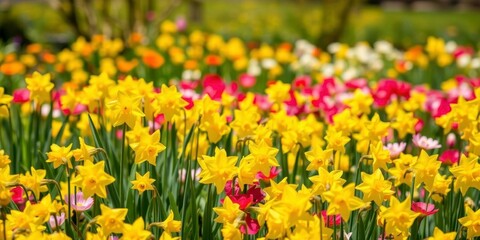 Fototapeta premium Beautiful daffodil flowers blooming in a vibrant field under the sun, yellow, growth, beauty