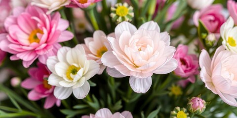 Fototapeta premium Beautiful pink and white ranunculus flowers blooming in a garden, flowers, fresh