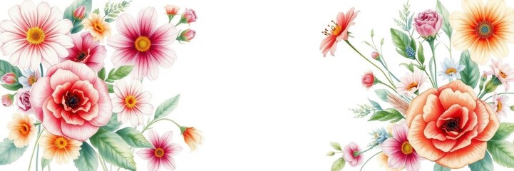 Fototapeta premium Beautiful watercolor illustration of various vibrant flowers like roses, daisies, and lilies, painted in delicate pastel hues, watercolor, illustration, Flowers