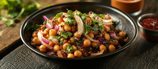 delicious Indian dish with chickpeas, onions, and side of chutney food photography 